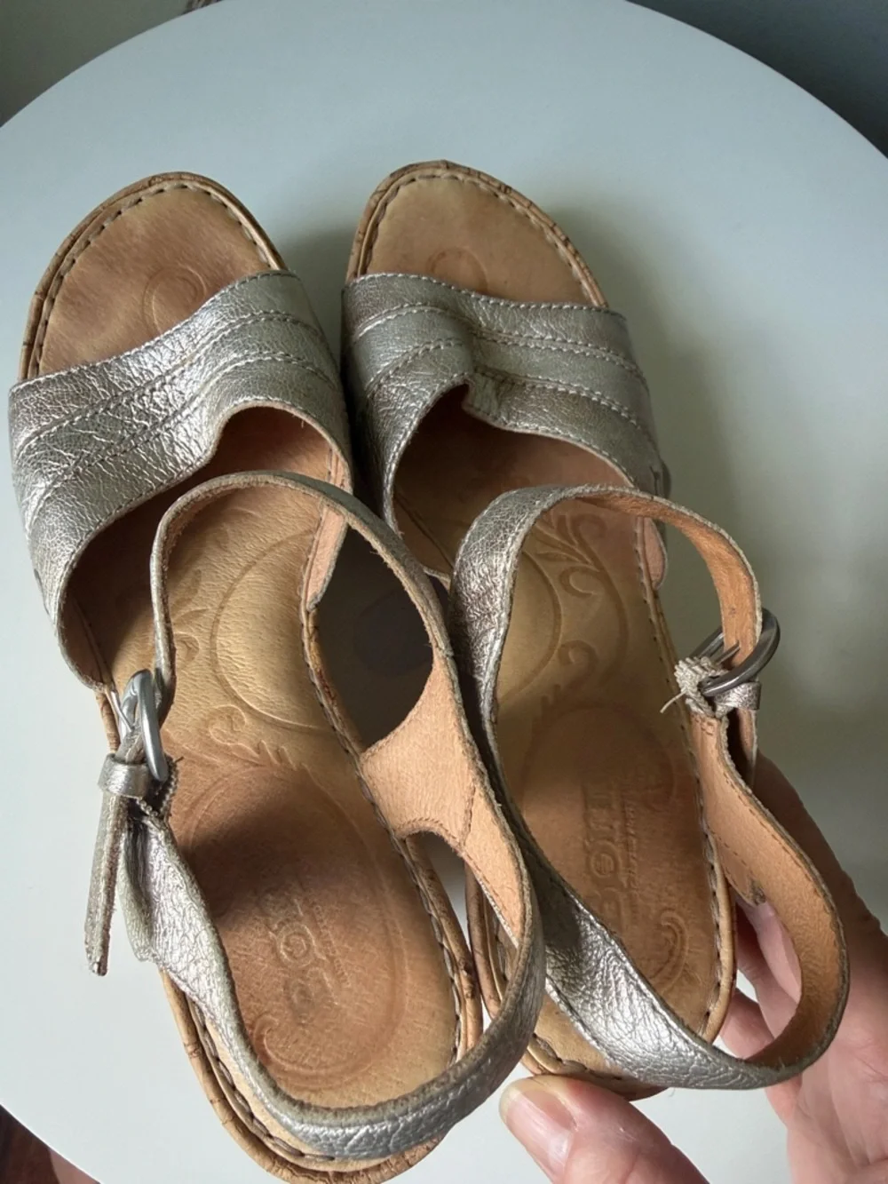 Born Metallic Leather Issa Sandals Cork Wedge Platform Sandals Heels 8/39